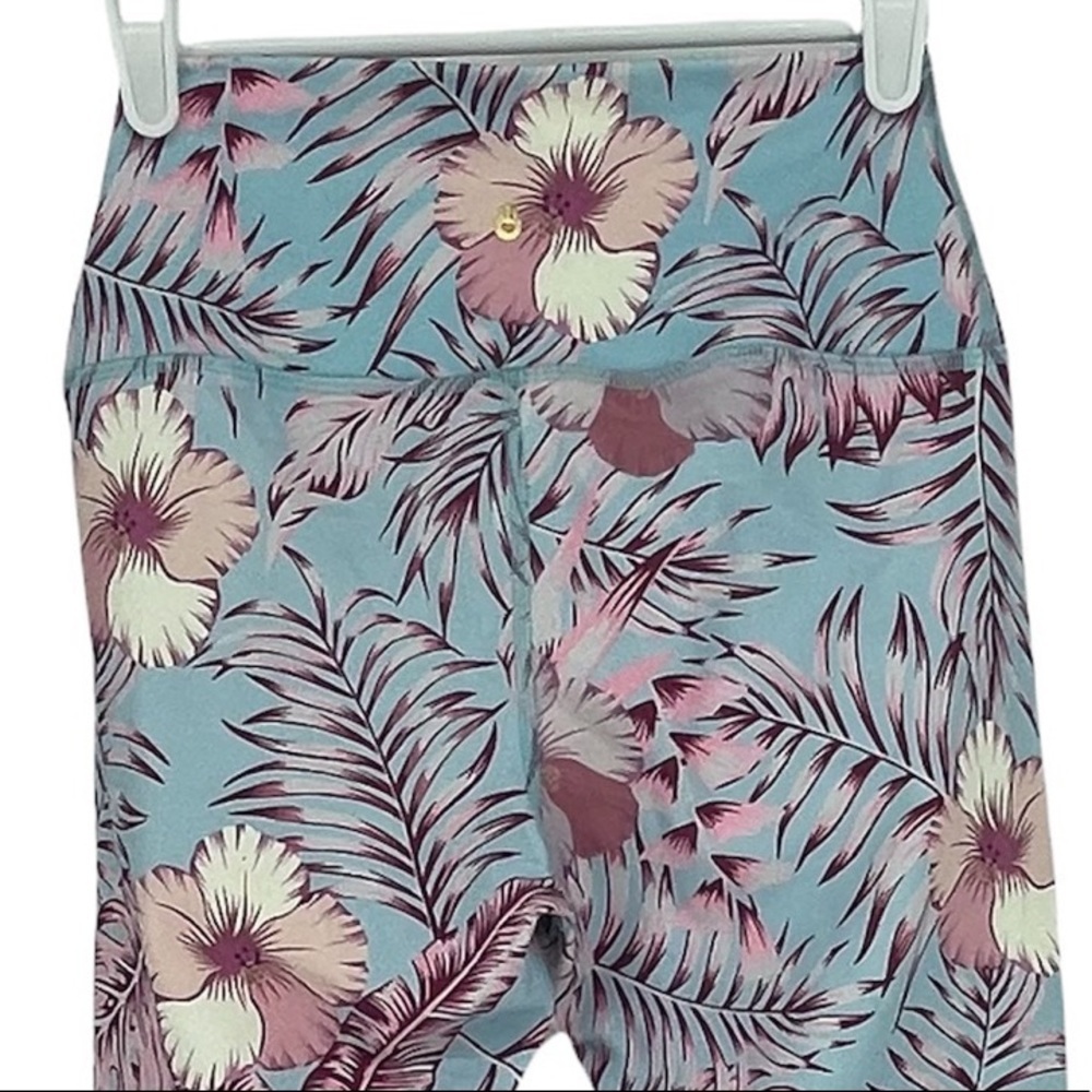 SPIRITUAL GANGSTER TROPICAL HAWAIIAN PRINT BLUE PINK HIGH RISE LEGGINGS SMALL - Picture 4 of 5